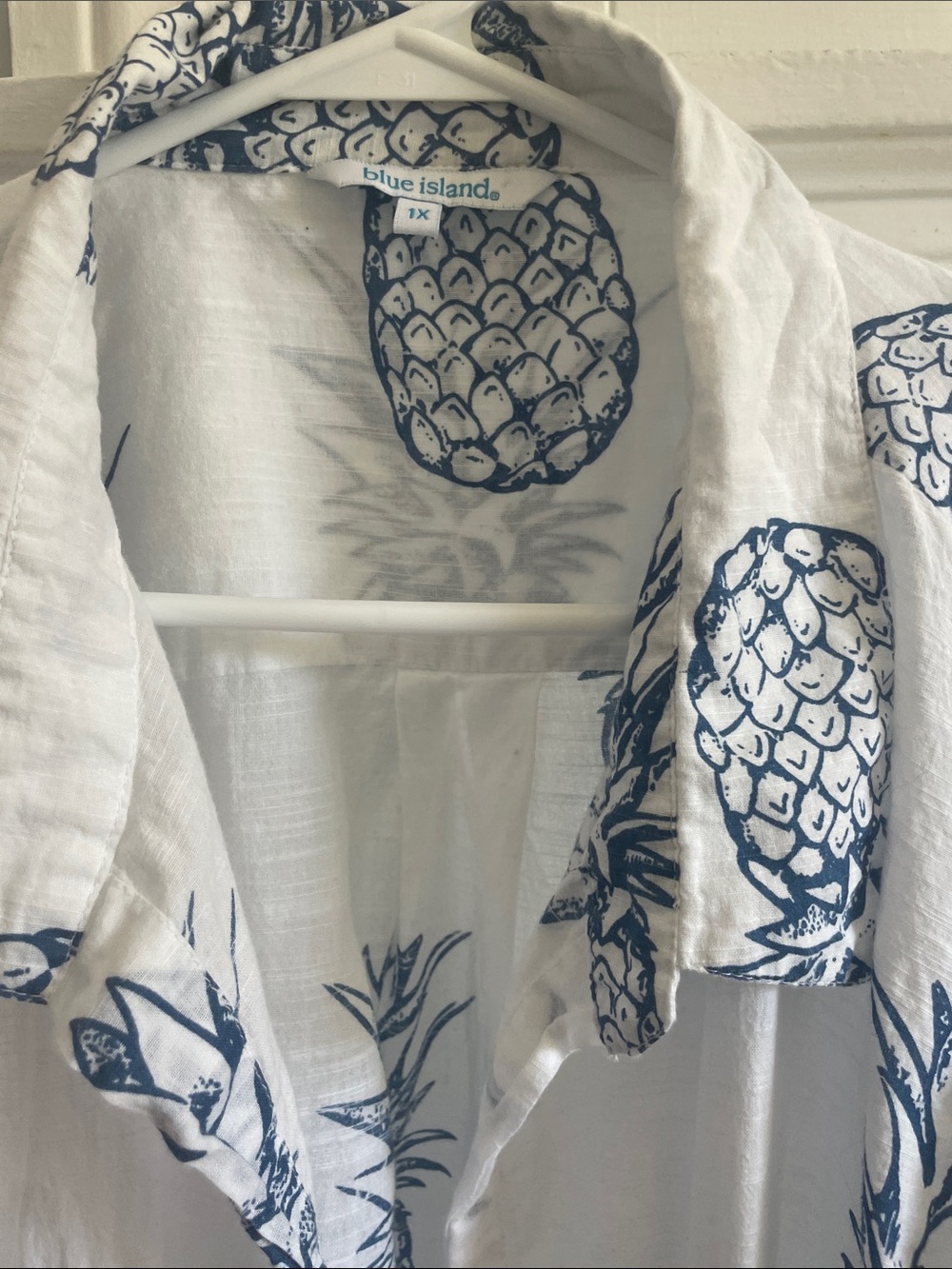 blue island White beach cover up Shirt with Navy Pineapple Print